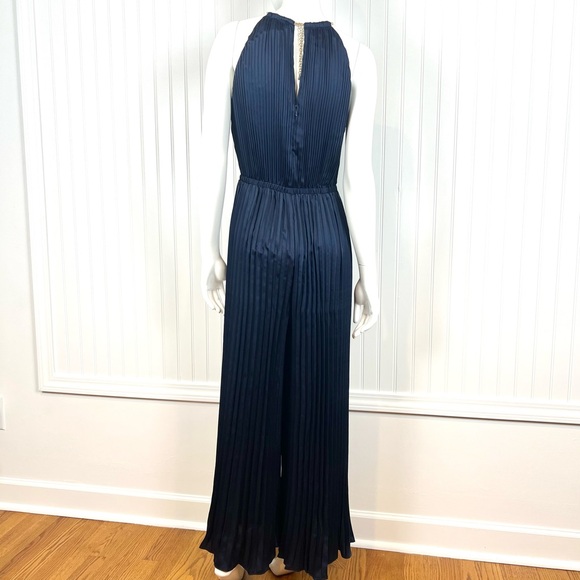MICHAEL Michael Kors Women's Blue Satin Pleated Wide Leg Halter Jumpsuit Medium - Picture 8 of 13